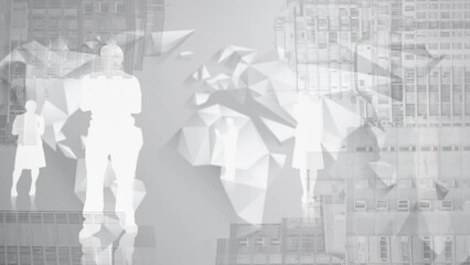 Poster - Animation of white shadow of people and abstract pattern over buildings