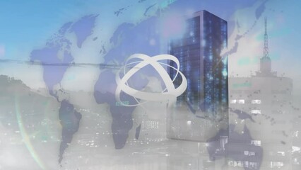 Poster - Animation of abstract pattern rotating over server machine with cityscape in background