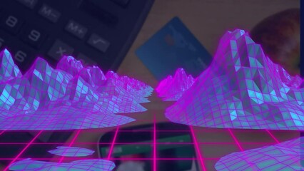 Poster - Animation of digital mountains over calculator, smartphone, credit card and apple on desk