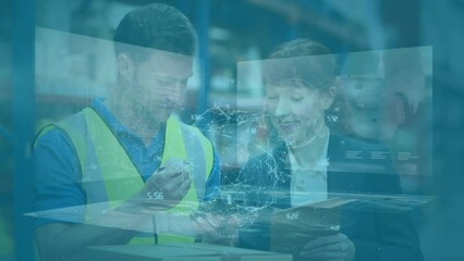 Poster - Animation of data processing over caucasian workers in warehouse