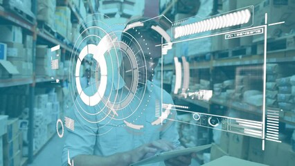 Poster - Animation of data processing over caucasian male worker in warehouse