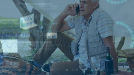Poster - Animation of data processing over caucasian man talking on smartphone