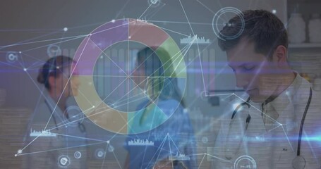 Poster - Animation of data processing over caucasian doctors talking