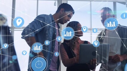 Poster - Animation of network of connections over diverse business people in office