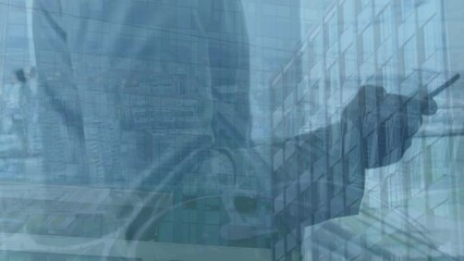 Poster - Animation of cityscape over african american man using smartphone