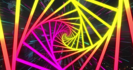 Poster - Animation of neon shapes over data processing and light trails on black background