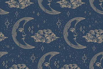 Wall Mural - night sky seamless pattern. moon with a human face. magic crescent. set of linear vector illustratio