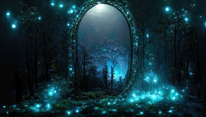 Wall Mural - Dark mysterious forest with a magical magic mirror, a portal to another world. Night fantasy forest. 3D illustration.