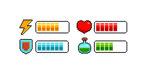 Poster - 8-bit pixel load scale icon set for retro game design. Pixel heart, potion, shield, flash icon. Isolated vector illustration