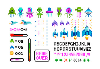Poster - Retro 8 bit arcade game design set with icons, signs, font alphabet. Ufo aliens, space ships. Vintage 8 bit computer game assets. Pixilated Space arcade characters. Isolated vector illustration
