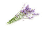 Fototapeta Lawenda - Lavender flowers bouquet on a white background. Top view.