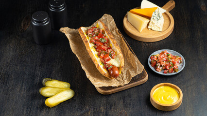 Wall Mural - Mexican street style hot dog with salsa on a wooden cutting board on dark background.