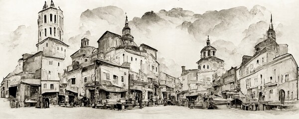 Wall Mural - cityscape view, old town street, black and white drawing, vintage hand drawn illustration, digital a