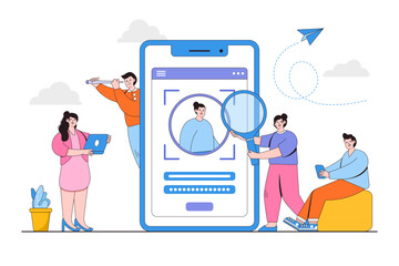 Flat developer team setting for user login application with mobile phone concept. Outline design style minimal vector illustration