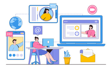 Poster - Flat women working use remote technology for video conference with team online concept. Outline design style minimal vector illustration