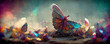 canvas print picture - large stunningly beautiful fairy wings Fantasy abstract paint colorful butterfly sits on garden.The insect casts a shadow on nature.The insect has many geometric angles.3d render