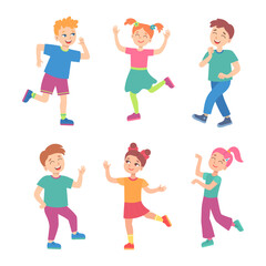Wall Mural - cute cartoon children dancing together vector illustrations set. cheerful kids smiling and laughing,