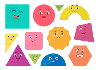 Wall Mural - Cute geometric shape cartoon characters vector illustrations set. Different geometric figures: square, circle, triangles with faces for kids isolated on white background. Geometry, education concept