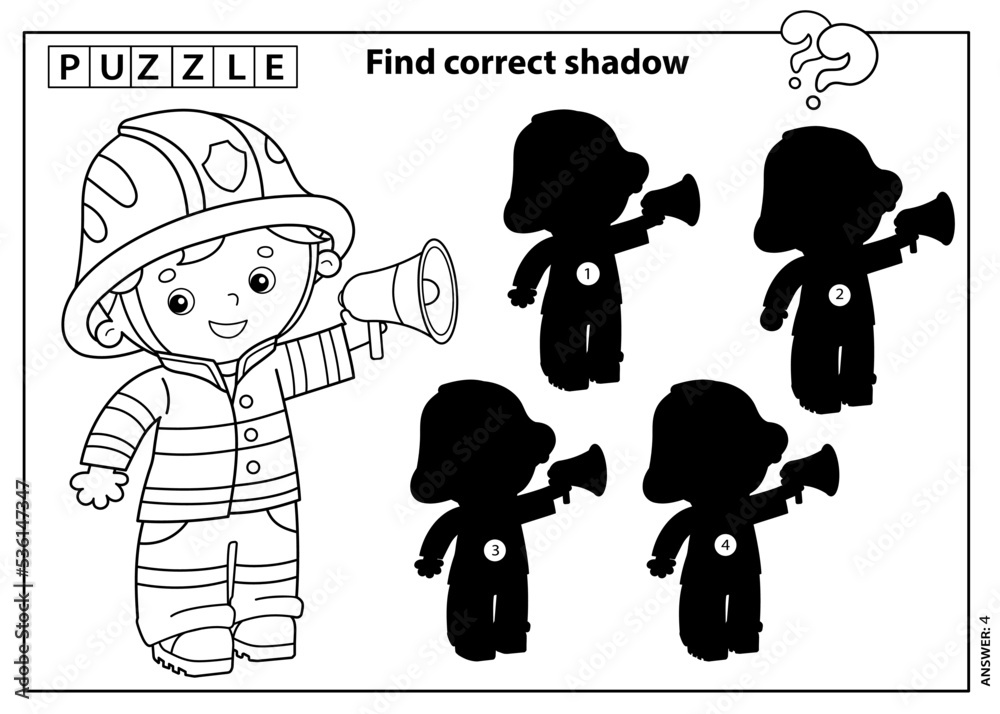 Puzzle Game for kids. Find correct shadow. Coloring Page Outline Of ...