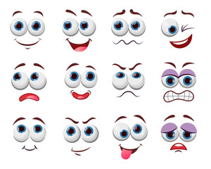 Wall Mural - Comic face expressions vector illustrations set. Eyes and mouth of cute, funny or angry cartoon character, emoticon with happy smile drawings isolated on white background. Emotions, avatar concept