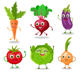 Wall Mural - Happy vegetable cartoon characters vector illustrations set. Cute veggies with faces, hands and legs, onion, beet, carrot, cabbage, tomato isolated on white background. Healthy food, garden concept