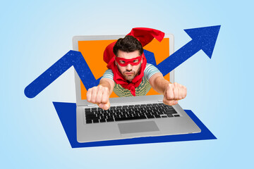 Poster - Creative collage picture of superman fly through wireless netbook screen painted growing arrow upwards isolated on drawing background