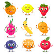 Cute fruit and berry cartoon characters vector illustrations set. Comic stickers with funny caricatures of happy lemon, orange, mango, strawberry personages isolated on white background. Food concept