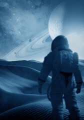 Wall Mural - astronaut on alien planet, planets and sand dunes in outer space