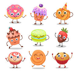 Wall Mural - Cartoon cute dessert characters set. Vector illustrations of different sweet food with kawaii face. Funny donut shortbread cookies muffin cupcake with cream isolated on white. Bakery, pastry concept