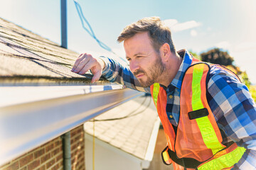 Wall Mural - man standing on steps inspecting house roof