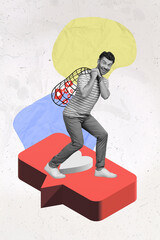 Canvas Print - Collage 3d image of pinup pop retro sketch of funny funky guy carrying hearts isolated painting background