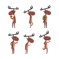 Wall Mural - Funny moose characters set. Elk standing on hind legs cartoon vector illustration