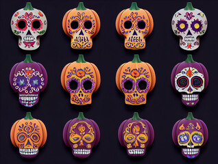 Poster - Illustration of halloween pumpkins in style of dia de los muertos