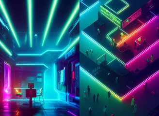 Wall Mural - Neon tubes interior background with code, cyberpunk collection