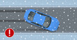 © Golden Sikorka - Isometric winter slippery road, car accident. The car rides on a slippery road. Urban transport. Car turning on a slippery road. Slippery road warning road sign.