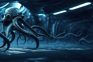 futuristic aliens with tentacles. 3d illustration of science fiction space invaders galaxy monsters.