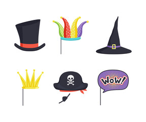 Canvas Print - Masquerade Party Costume Accessory with Crown, Hat and Wow on Pole Vector Set