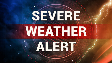 severe weather alert, horizontal background. white text on heavy black clouds, lightning strikes, th