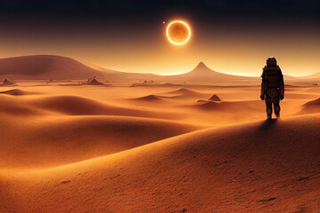 Future alien mars extraterrestrial sand planet, moons in the red sky, sand dunes