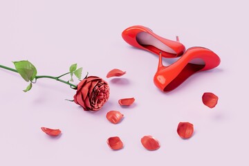 beautiful red shoes next to a red rose with petals falling on the pastel background. 3D render