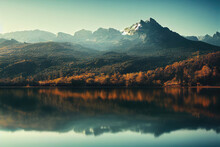Beautiful Autumn Forest Lake Mountains Landscape, Warm Colors, Water Reflections