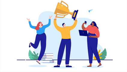 Aufkleber - Team winners trophy - Business people celebrating and cheering with the best gold award. Successful teamwork concept, flat design illustration with white background