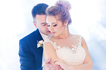 gorgeous newlyweds dance a wedding dance. restaurant hall with l