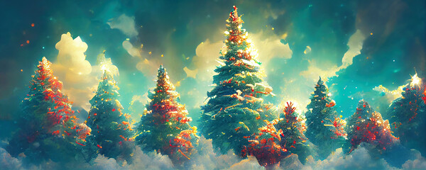 Wall Mural - Decorated christmas trees in winter forest as wallpaper header