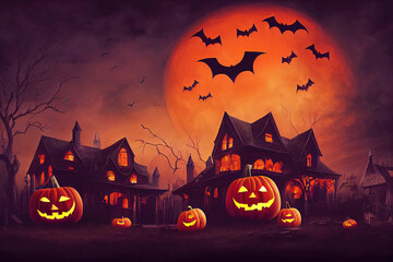 Halloween party illustration with haunted house and jack-o-lantern