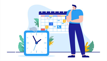 Poster - managing time - man standing with clock and calendar trying to get oversight of week and month plan.