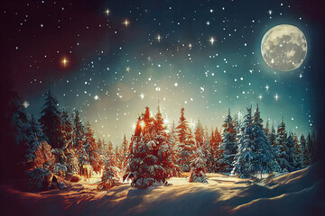Wall Mural - Magical trees with snow in winter forest at christmas night