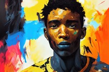 Colourful Painted Portrait Of An African Man, Bold Brush Strokes, Grunge Image Technique. AI Generated, Is Not Based On Any Real Image Or Character