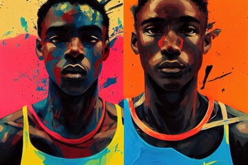 set of two colourful painted portraits of an black men, bold brush strokes, grunge image technique. 