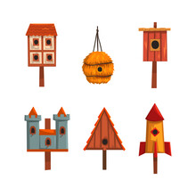 Wooden And Straw Decorative Birdhouse And Spring House For Birds Vector Set
